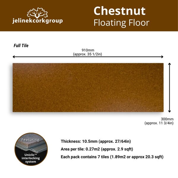 Cork floating floor in Chestnut pattern with dimensions and uniclick